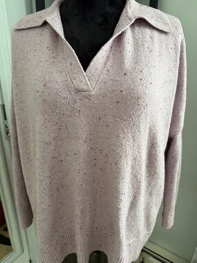 LOFT Pale Pink Speckled V-Neck Sweater with Open Collar